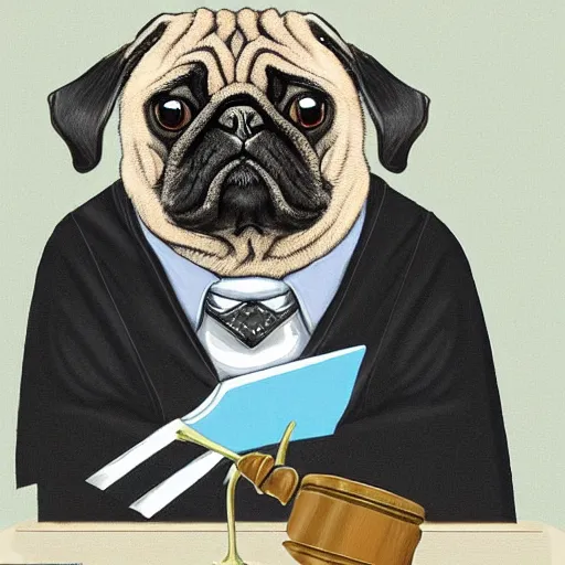 Image similar to a pug as a judge wearing a black robe, sitting behind the desk in court, slamming his gavel, angry looking