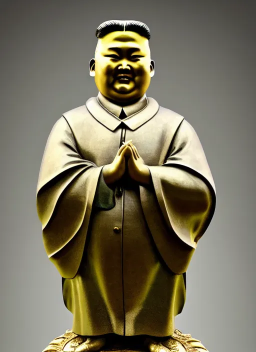 Prompt: medieval statue of kim jong un, elegant, filigree renaissance sculpture from jade, gold and brilliants, brilliant symmetry, created by verrocchio andrea, leonardo da vinci, sandro botticelli, raffaelle monti, epic 7 0 mm lens shot, artstation trending, photorealism, sharp focus, smooth, establishing shot, sense of awe