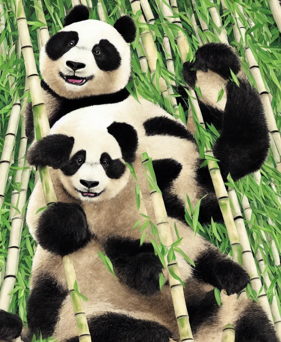 Image similar to an anime panda sitting on a bamboo throne