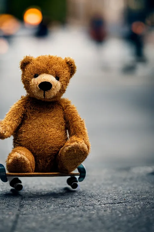 Image similar to teddy bear on a skateboard on busy new york street ,cinematic bokeh , award winning photograph with backlight