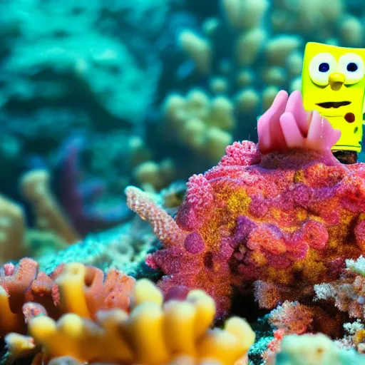 Image similar to 4k shot macro lence of a Spong that looks exactly as Spongebob inside a coral reef