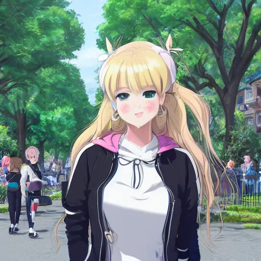 Image similar to blonde - haired princess, anime princess, wearing black jacket and white leggings, looking through crowd, town street, festival street, trees, green trees, blue lighting, blue sunshine, strong lighting, strong shadows, vivid hues, ultra - realistic, sharp details, subsurface scattering, intricate details, hd anime, 2 0 1 9 anime