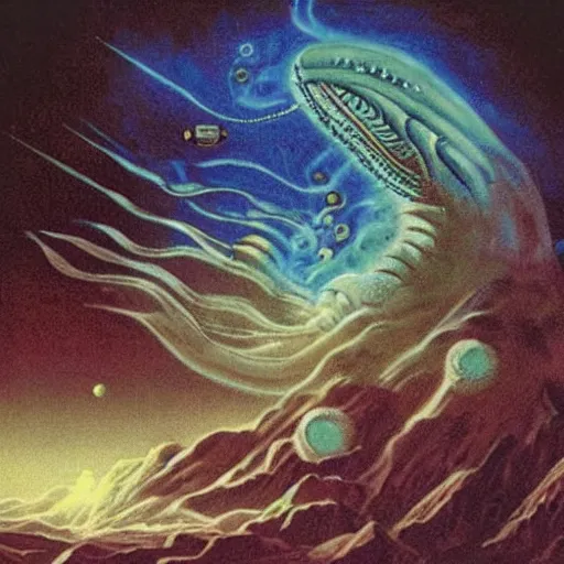 Image similar to cosmic eldritch space whale consuming a city on venus, epic surrealism, elegant, dreadful