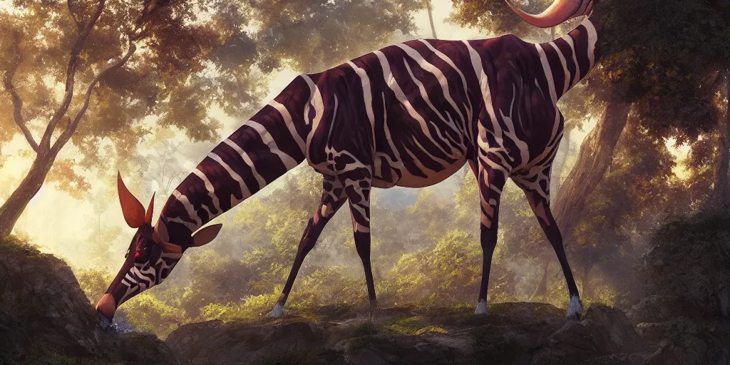 Prompt: A highly detailed matte oil painting of an okapi by Studio Ghibli, by Mokoto Shinkai, hyperrealistic, cinematic, breathtaking, beautiful composition, by Artgerm, by beeple, volumetric lighting, octane render, 4K resolution, trending on artstation
