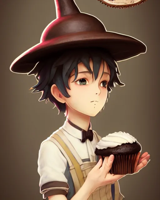 Image similar to a boy as ( fantasy personification of chocolate cupcake ), character design, cute hat, victorian inspired clothing, unreal engine, highly detailed, smooth, digital illustration by artgerm, studio ghibli, sharp focus, artstation. ribbons, fractal swirls. a fantasy bakery background by studio ghibli, makoto shinkai, global illumination, blender, maya 8 k