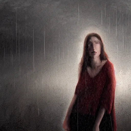 Image similar to impudent facial expression of a shameless woman, impudent facial expression of shameless woman, atmosphere of bloody rain, cross in the distance, Jesus Christ in the background, trending on artstation, highly detailed, digital painting, volumetric light, concept art, sharp focus, illustration