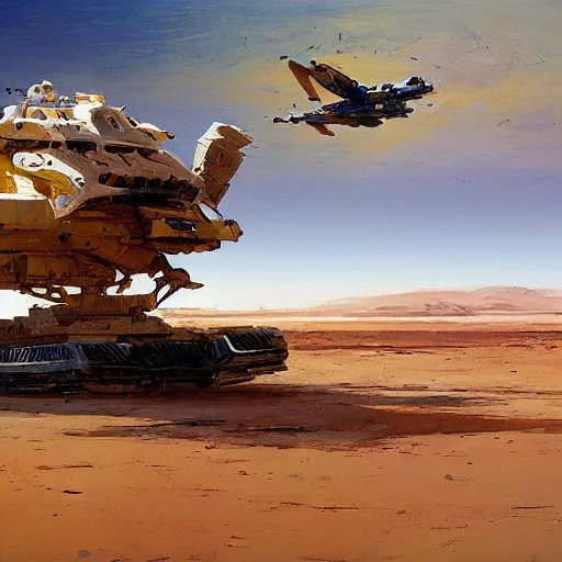 Prompt: sci-fi barge floating over a desert landscape by John Berkey