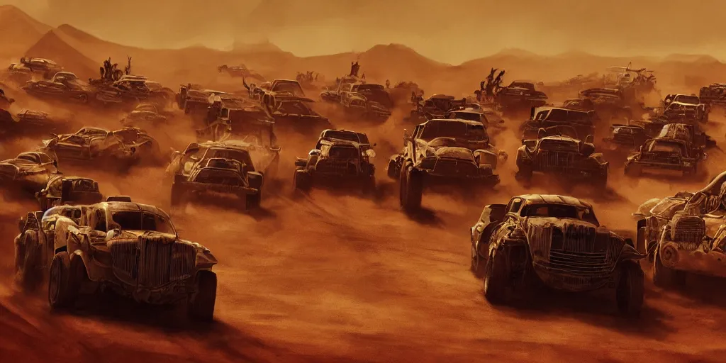 Image similar to an environmental concept art from mad max fury road, cars speeding through the desert, highly detailed, cinematic, dramatic lighting by francis tneh