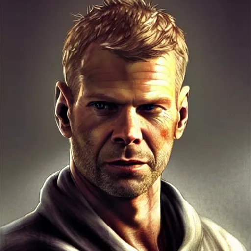 Image similar to A combination of Bruce Willis's and Neil Patrick Harris's and Eric Christian Olsen's faces as Aiden Caldwell character from Dying Light 2 Stay Human, western, D&D, fantasy, intricate, elegant, highly detailed, digital painting, artstation, concept art, matte, sharp focus, illustration, art by Artgerm and Greg Rutkowski and Alphonse Mucha