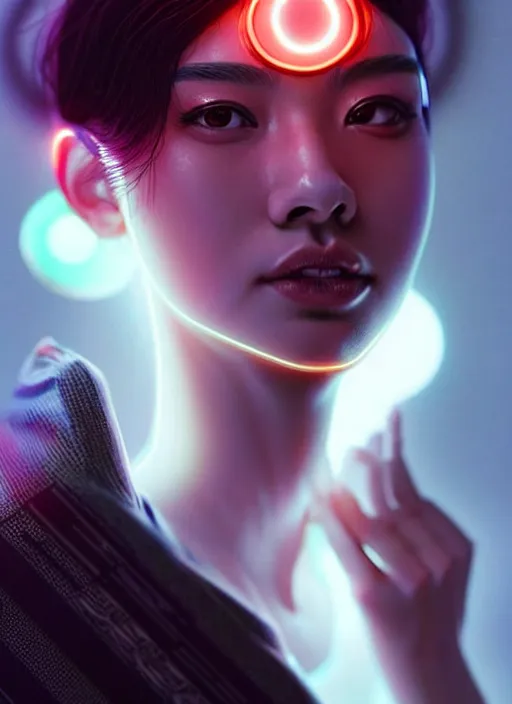 Prompt: photorealistic oriental female humanoid with freckle face, cyber neon lightings, futurism, cyberpunk high fashion, elegant side profile pose, intricate details, crispy quality, digital photography, trending in artstation, trending in pinterest, no watermark signature, cinematic, 4 k ultra hd, art by artgerm, art by greg rutkowski, art by pascal blanche