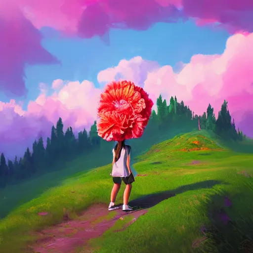 Image similar to giant carnation flower as a head, girl hiking in the mountains, surreal photography, sunrise, dramatic light, impressionist painting, colorful clouds, digital painting, artstation, simon stalenhag