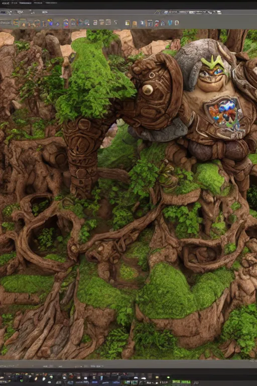 Image similar to zelda fantasy art giant golem troll wood rock greeble gemstone, global illumination ray tracing hdr fanart arstation by sung choi and eric pfeiffer and gabriel garza and casper konefal