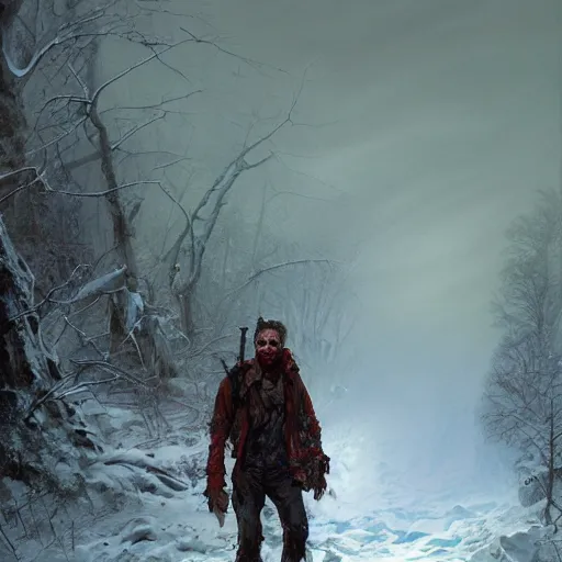 Prompt: an zombie hiker without one arm in the middle of blizzardy landscapes, digital painting, artstation, concept art, donato giancola, Joseph Christian Leyendecker, WLOP, Boris Vallejo, Breathtaking, 8k resolution, extremely detailed, beautiful, establishing shot, artistic, hyperrealistic, octane render, cinematic lighting, dramatic lighting, masterpiece, light brazen, extremely detailed and beautiful face, centered, smooth, sharp focus