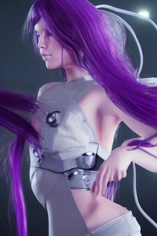 Prompt: cybernetic girl with long purple hair from the future, wires connected to servers behind, photo realistic, 4k unreal engine 5 render, by wlop