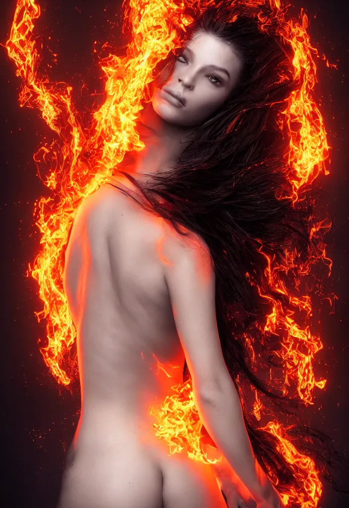 Image similar to a portrait of a woman shot showing her bare back and she has hair made of flames, dark, magical, fantasy, trending on artstation, digital art.