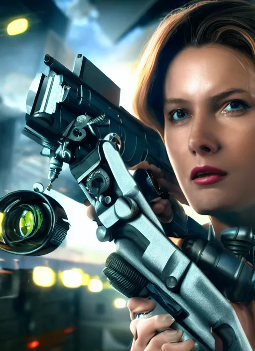 Image similar to a typical Raypunk depiction of a woman holding a raygun blaster, octane render, action shot, motion blur, subsurface scattering, life like, intricate detail, 4K HD