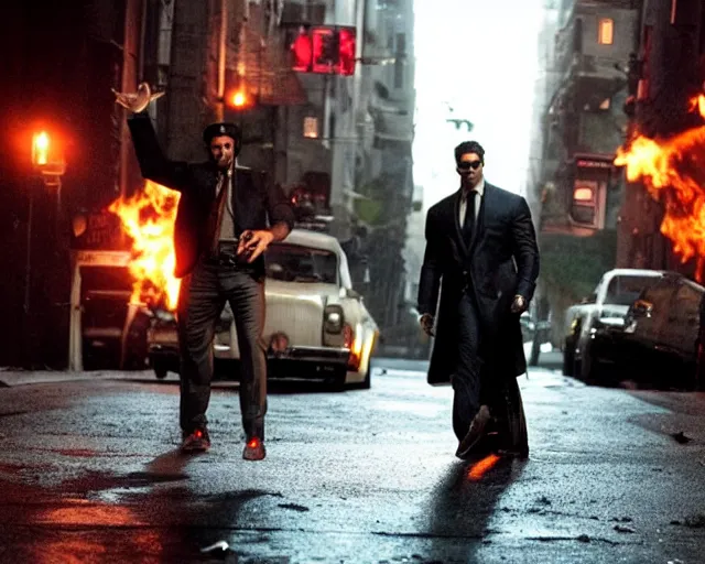 Image similar to mafioso ( joe manganiello ) throws a manhole cover at some vampires ; action scene from the modern hbo mini series / the outfit /, a supernatural mafia crime thriller about magical monster - hunting mafiosi in philadelphia, hd 8 k film photography, with modern supernatural horror aesthetic.