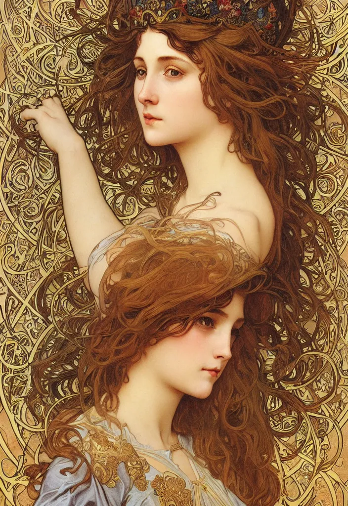 Prompt: realistic detailed face portrait of a beautiful young medieval queen with flowing hair by Alphonse Mucha, Greg Hildebrandt, and Mark Brooks, gilded details, spirals, Neo-Gothic, gothic, Art Nouveau, ornate medieval religious icon