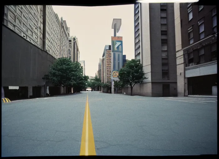 Prompt: A disposable camera picture of an empty street, Kodak Fling 200, 1983