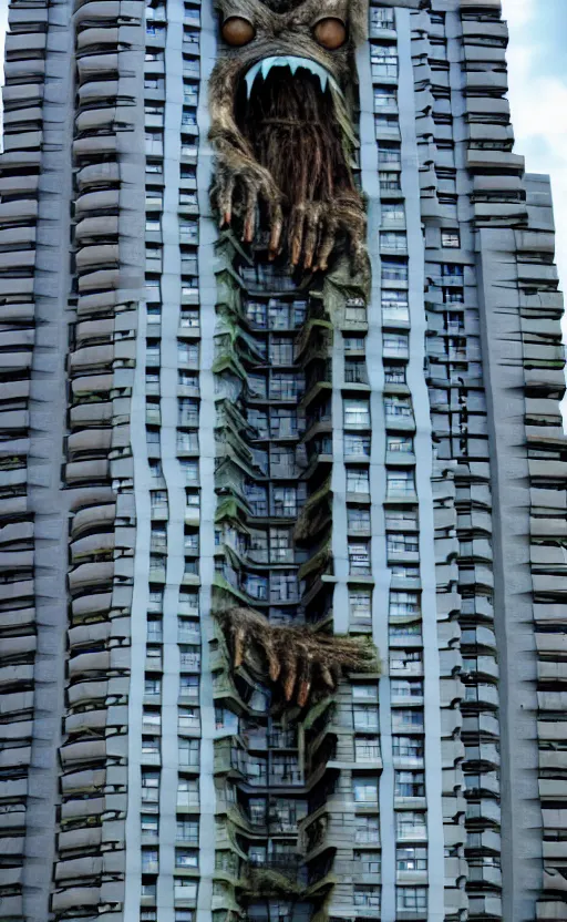 Image similar to giant monster with apartment in its chest, humans looking out from the windows embedded in the monster's chest, living apartment building, apartment building in the shape of a monster, monster made of apartment building