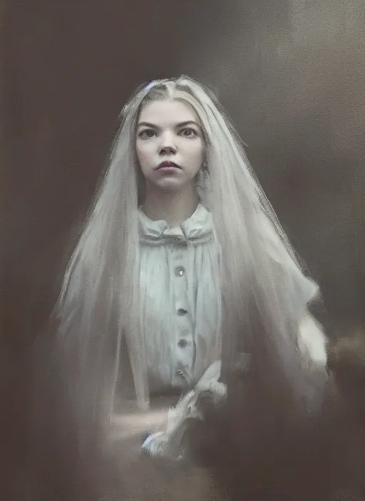 Image similar to portrait painting of anya taylor joy in the witch, dressed like an amish by jeremy mann, only one head single portrait
