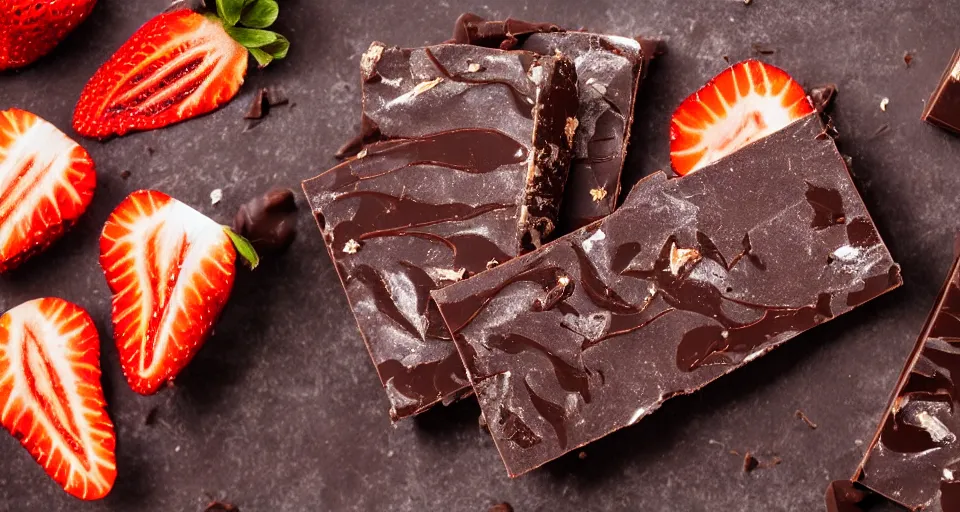 Image similar to A gourmet dark chocolate bar with a piece broken off, on an opened silver wrapper, next to sliced strawberries, on a wooden tray, macro lens product photo