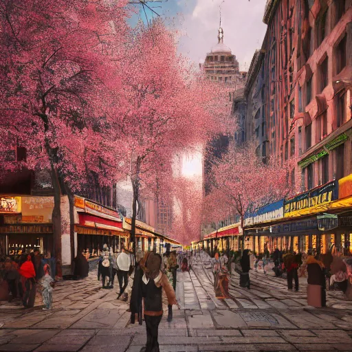 Prompt: new york decorated with sakura, caravaggio, watercolor fine art, multi - layer technique, orientalism, academicism, beautiful, highly detailed, color harmony, perfect composition, octane render, ornate, beautiful lighting, cg society, highly detailed, 5 k extremely detailed, 3 d. cinematic scene. sharp image, divine rule