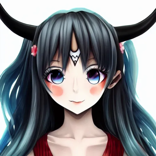 Prompt: anime monster girl, anime art, portrait, 4 k, horns, dark hair, manga style