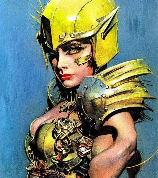 Image similar to portrait of strong female chaos angel, beautiful! coherent! by frank frazetta, by brom, strong line, vivid neon color, spiked metal armor, iron helmet maximalist