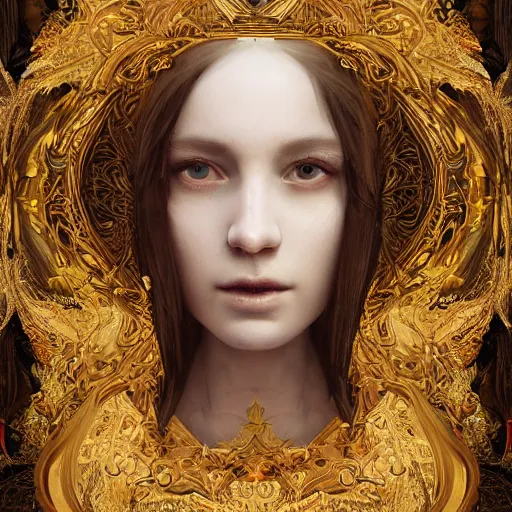 Prompt: human portrait, ethereal, face, crystal, intrincate, cgsociety, devianart, ornate, maximalist, fine art, golden details, carved, tarot card enviroment, rococo, baroco, fractal backgroud