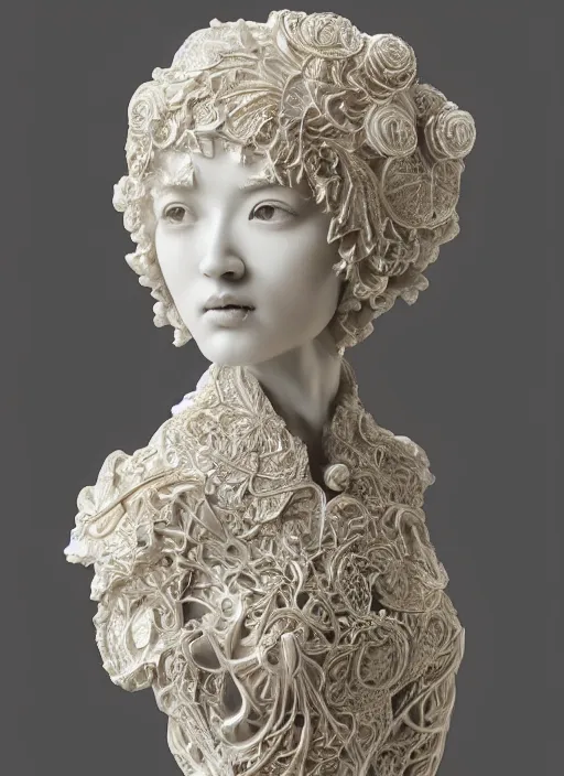 Image similar to romantic marble sculpture of beautiful woman, glistening, mandelbulb, hypercube, ivory carving, fractal paisley inlay, lace, intricate, elegant, highly detailed, gold inlay, metallic, ivory, artgerm, lace, by ruan jia and greg rutkowski