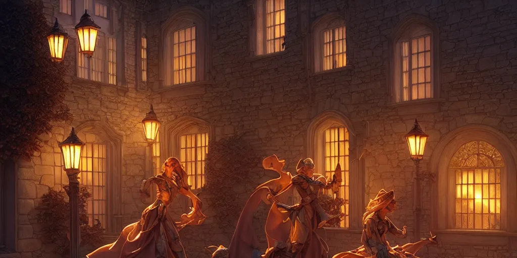 Image similar to a castle courtyard landscape, twilight, lamps, lit windows, digital illustration by michael whelan and leyendecker and artgerm, intricate details, surreal, photorealistic, award winning