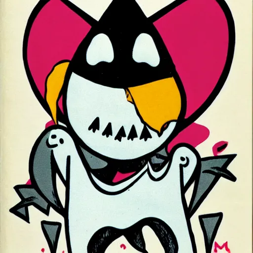 Image similar to evil creepy killer moomin with mouth open and several rows of pointy teeth, comic book style