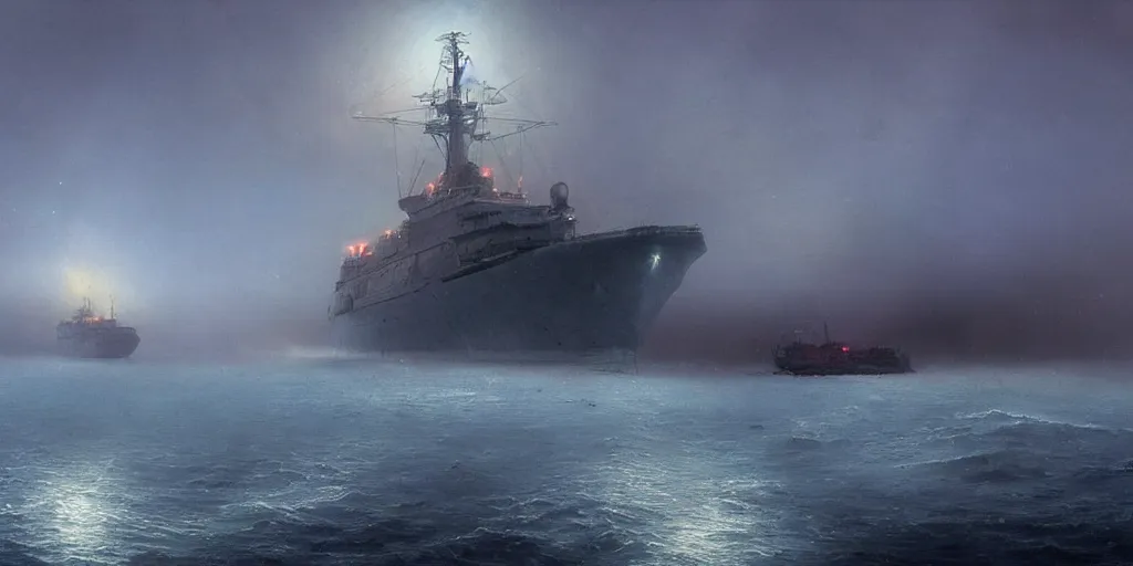 Image similar to epic huge soviet warship in arctic, no frame, foggy, volumetric lighting, epic blue glow, by greg rutkowsky, shishkin and aivazovsky