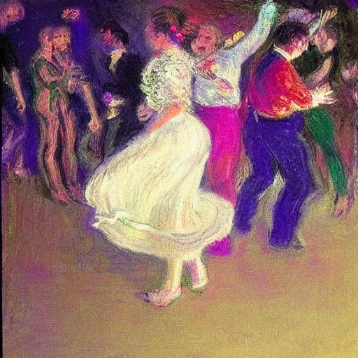 Image similar to young people dancing and drinking in a nightclub, partylights, beautiful people, by monet, trending on artstation