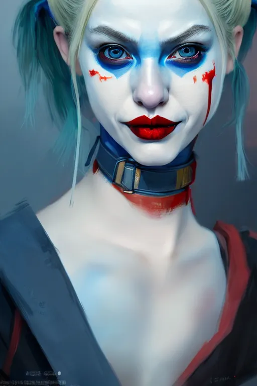 Prompt: ultra detailed half body portrait of harley quinn, blue eyes, sharp bone structure, extremely detailed digital painting, in the style of fenghua zhong and ruan jia and jeremy lipking and peter mohrbacher, mystical colors, rim light, beautiful lighting, 8 k, stunning scene, raytracing, octane, trending on artstation