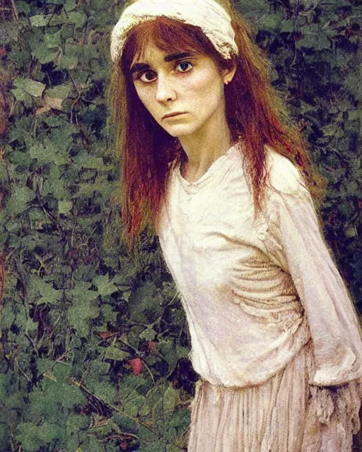 Prompt: a beautiful but sinister girl who looks like a young shirley henderson in dead space, with haunted eyes and crazy hair, 1 9 7 0 s, seventies, delicate embellishments, a little blood, crimson, painterly, offset printing technique, by jules bastien - lepage