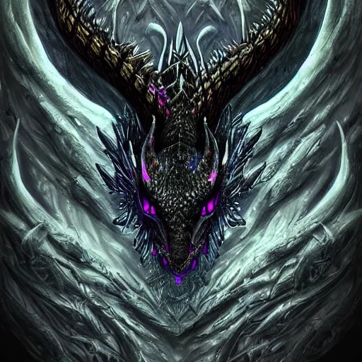 Image similar to a portrait of a dark entropy dragon, detailed, fantasy, scary, realistic, frightening, ornate, horns, spikes, fluorescent colors