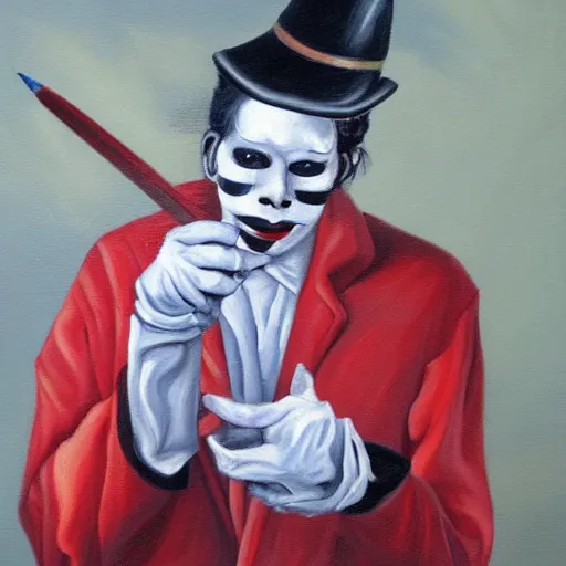 Prompt: oil painting of a mime stabbing himself in the head with a pencil, high detail, fun, colorful