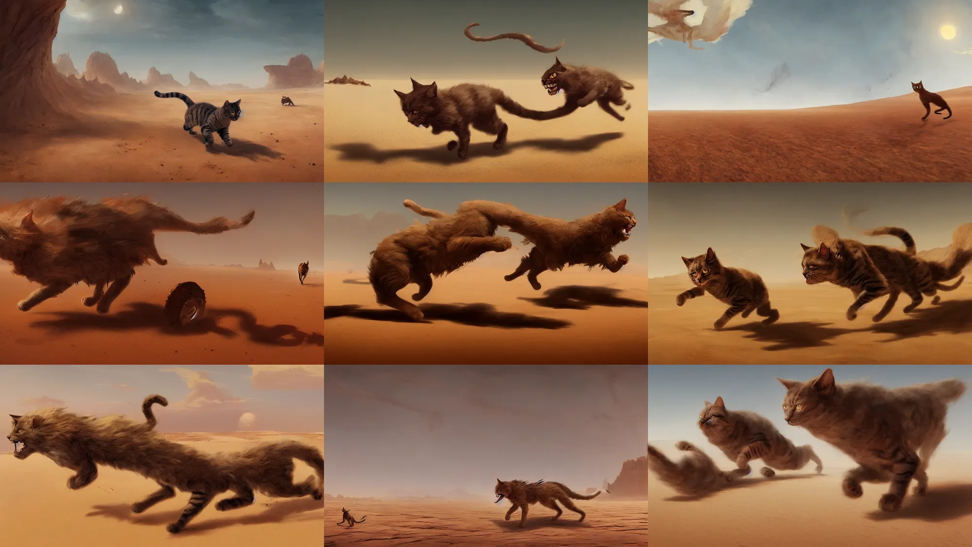 Prompt: cat beast running across the open desert, empty desert, sand, karst landscape, wide shot, concept art by greg rutkowski