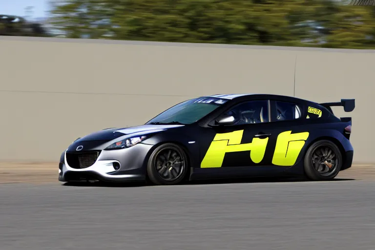 Image similar to black GT4 Mazdaspeed3 black plain livery simple, racing on track photo 2008 cinematic motion blur dof