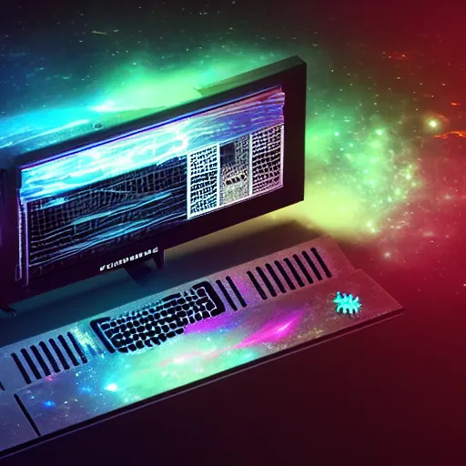 Prompt: a galactic overpowered computer. Overpower, Overclocking, mat black metal, space colors RGB stripes, alienware, Beautiful dramatic dark moody tones and lighting, Ultra realistic details, cinematic atmosphere, studio lighting, shadows, space colors walls background, Octane render, 8K