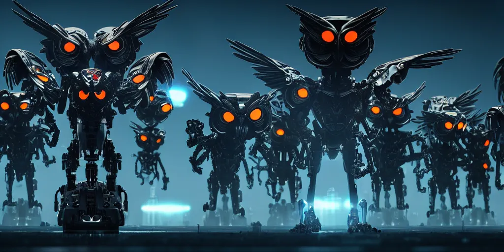 Image similar to an army of evil, malevolent, giant cyborg owls surrounded by computers and computer screens. this 4 k hd image is trending on artstation, featured on behance, well - rendered, extra crisp, features intricate detail and the style of unreal engine. volumetric lighting octane render