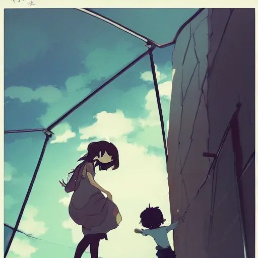 Image similar to woman with child by yoh yoshinari, makoto shinkai, dynamic composition, dynamic perspective woman with child by yoh yoshinari, makoto shinkai, dynamic composition, dynamic perspective, cel shaded