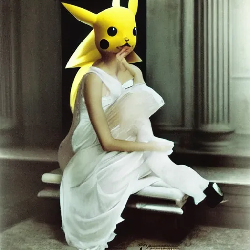 Image similar to elegant woman in a cosplay costume of pikachu, art photo by Annie Liebovitz and David Hamilton and Alphonse Mucha