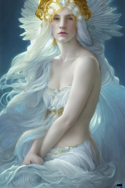 Prompt: portrait of white ghost, fantasy, gradient white blue grey, dreamy and ethereal, blue eyes, golden ratio, peaceful expression, ornate frilly dress, fantasy, intricate, elegant, rainbow bubbles, highly detailed, digital painting, artstation, concept art, smooth, b sharp focus, illustration, art by artgerm and greg rutkowski and alphonse mucha