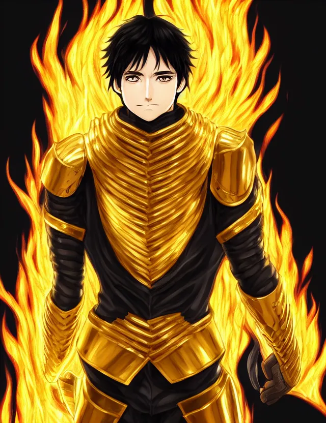 Image similar to a detailed manga portrait of a black haired man with hazel eyes in gleaming golden armour that burns with golden fire, trending on artstation, digital art, 4 k resolution, detailed, high quality, sharp focus, hq artwork, coherent, insane detail, character portrait