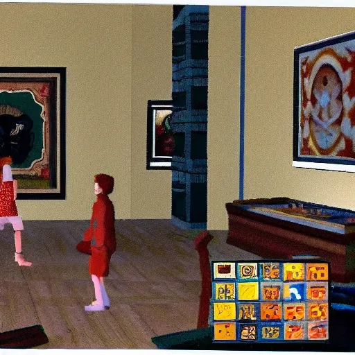 Image similar to this was the first virtual art museum in a video game, made in 1 9 9 0, detailed