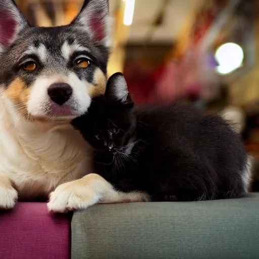 Image similar to dog and kitten hybrid inside a japanese thrift store, cinematic light, warm colours, atmospheric, bokeh, 8 k photography