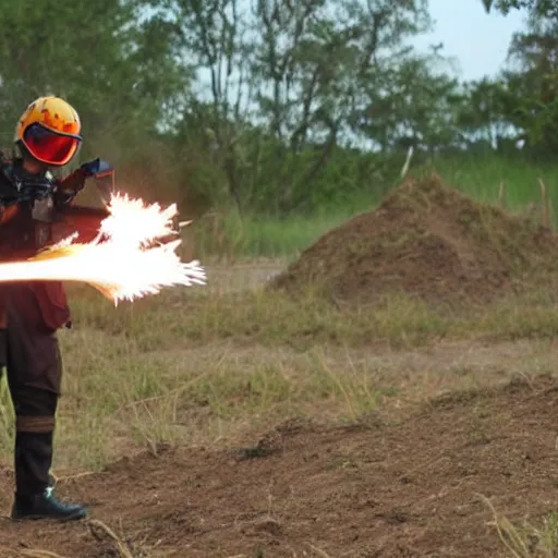 Prompt: firing a flamethrower on an anthill